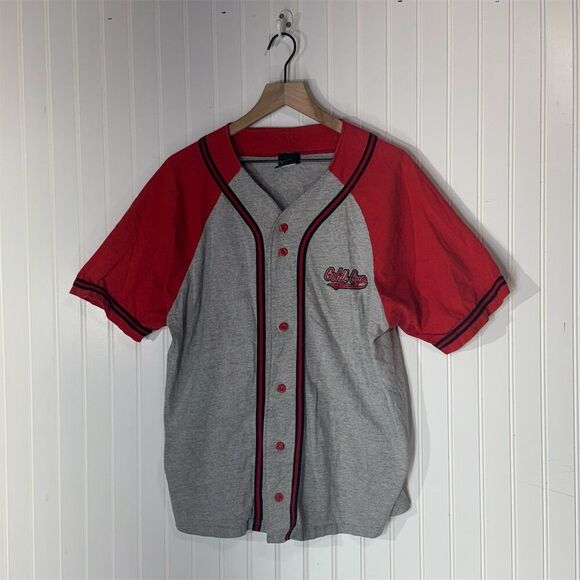 VTG 90s Gold’s Gym USA Baseball Jersey Tee Gray Red Cotton L Retro Muscle Active - Picture 1 of 9